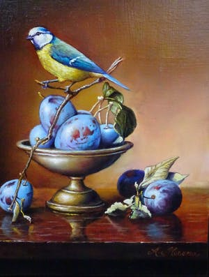 Alfonso Moreno - Schilderij stilleven pimpelmees op pruimen in een schaal. kopen? Bied vanaf 235!
