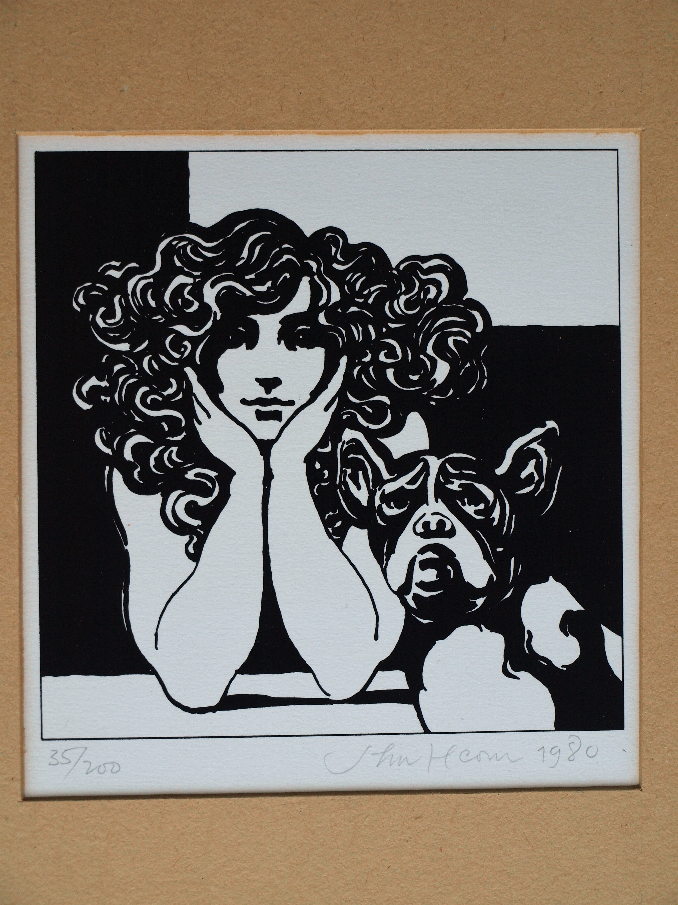 Niet of onleesbaar gesigneerd - Onduidelijke signatuur - Zeefdruk , Vrouw met hond - 1980 kopen? Bied vanaf 1!