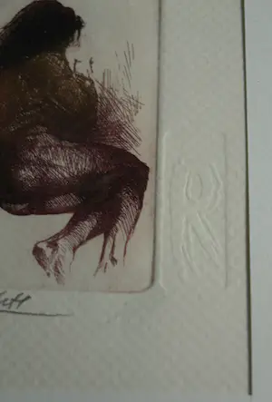 Niet of onleesbaar gesigneerd - Ingelijste ets , Halfnaakte vrouw kopen? Bied vanaf 1!