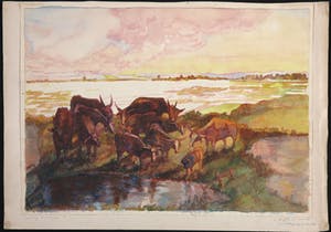 Jan Dirk Pijper - Aquarel, Buffels en sawahs wachtend op de nacht kopen? Bied vanaf 20!