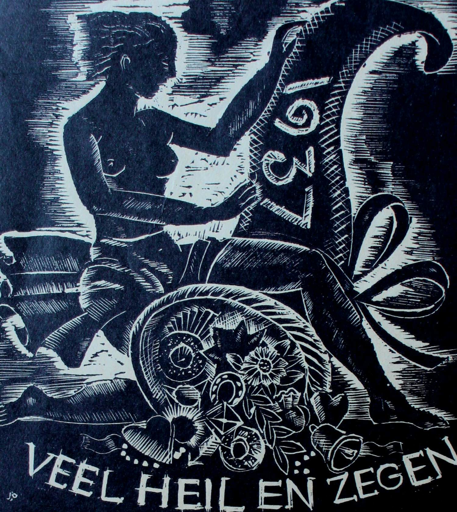 Jeanne Bieruma Oosting - Houtsnede Nieuwjaarswens: Veel heil en zegen - 1937 kopen? Bied vanaf 75!