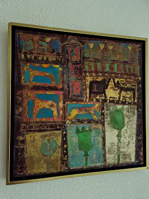 Lia van Leeuwen - Fraai, met grafische technieken gemaakt olieverf op paneel - gesigneerd kopen? Bied vanaf 78!