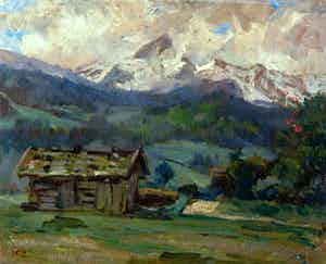 Jacques Zon - Olieverf op paneel, Berglandschap met houten hut verkocht voor € 60!