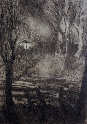 Frederika Broeksmit - ets: landweg bij avond met een lantaarn kopen? Bied vanaf 45!