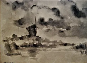 Toon Koster - Sfeervol impressionistisch Aquarel en Sepia "polderlandschap met molen" gesignee kopen? Bied vanaf 1!