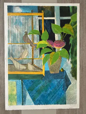 Guy Bardone - Lithographie « Les Quatre Tourterelles au tissu bleu » kopen? Bied vanaf 130!