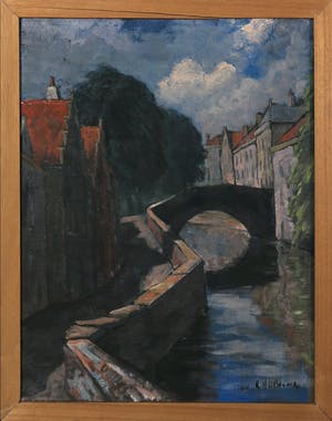 Rudolf Hendrik Oldeman - Olieverf op doek, Gezicht op een grachtje met brug - Ingelijst kopen? Bied vanaf 40!