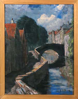 Rudolf Hendrik Oldeman - Olieverf op doek, Gezicht op een grachtje met brug - Ingelijst verkocht voor € 40!