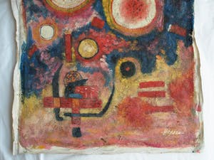 Niet of onleesbaar gesigneerd - Acrylverf en vezels op doek , “Cirkels en Blokken” kopen? Bied vanaf 1!