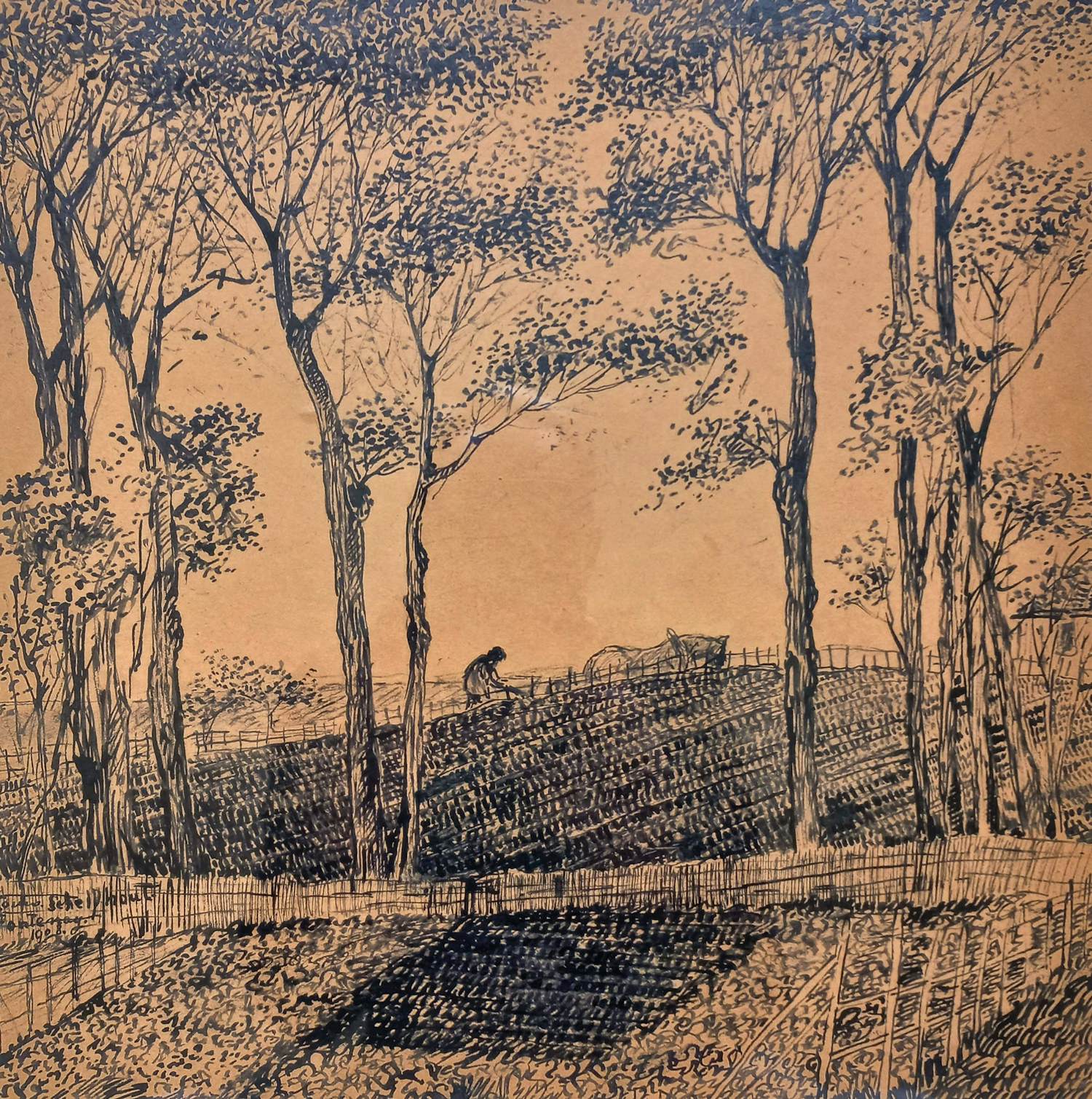 Lodewijk Schelfhout - Landschap met boer in Fontenay, inkttekening (netjes ingelijst) verkocht voor € 250!