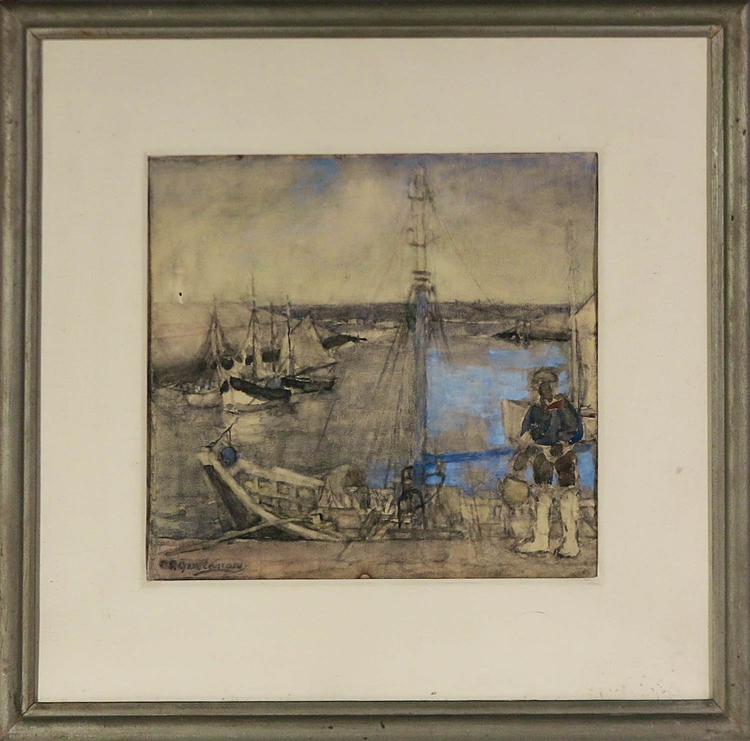 Emile Gastemans - Aquarel, Bootje aan de kade - Ingelijst verkocht voor € 50!