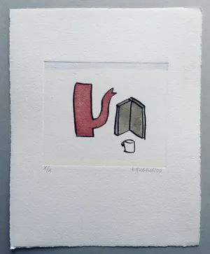 Klaas Gubbels - ets met aquarel ingekleurd - ‘Rode kan met boek’ kopen? Bied vanaf 245!