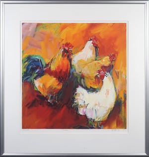 Gerda Elfring - Zeefdruk, Kippen - Ingelijst kopen? Bied vanaf 40!