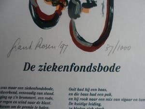 Frank Rosen - Zeefdruk. titel, De ziekenfondsbode, met gedicht van Erik Huizinga. kopen? Bied vanaf 23!