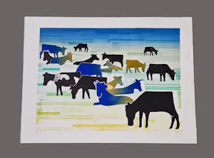 Buy Frans de Jong - Grote kleuren Sjabloondruk "koeien in de wei" - potlood gesigneerd? Bid from 39!
