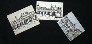 Niet of onleesbaar gesigneerd - Pen- en potloodtekening, Lot van drie stadsgezichten kopen? Bied vanaf 1!