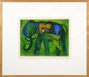 Shahid Parvez - Zeefdruk, Groene olifant - Ingelijst verkocht voor € 1!
