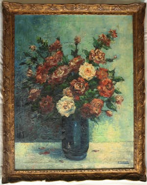 H. Gooyer - Olieverf op doek - 85 x 68 cm , Rozen in een vaas – ingelijst kopen? Bied vanaf 75!