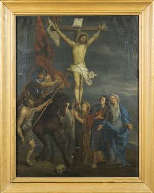 Niet of onleesbaar gesigneerd - Olieverf op doek, Christus aan het kruis - Ingelijst verkocht voor € 1!