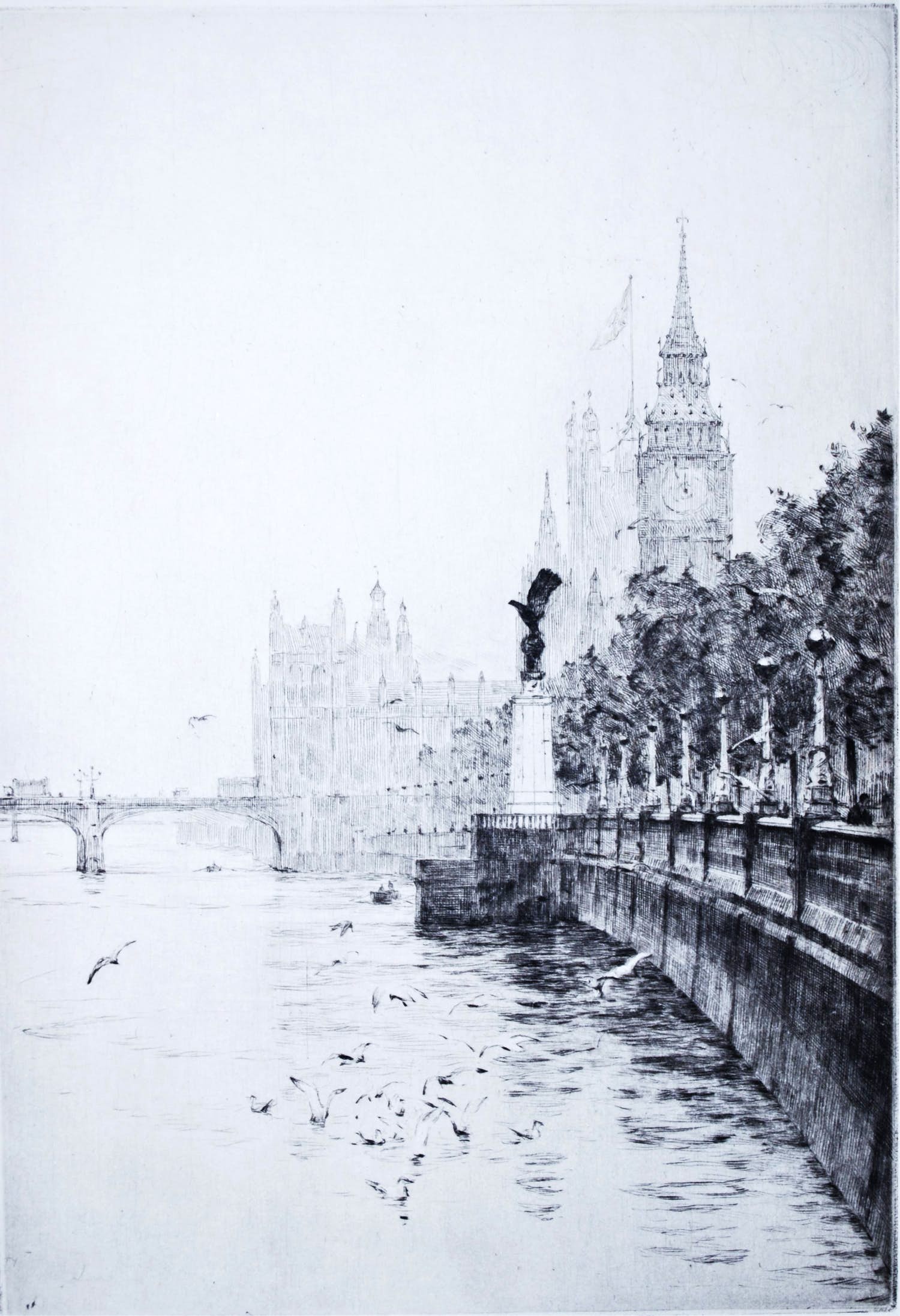 Rowland Langmaid - Londen - het RAF memorial en Houses of Parliament - ets verkocht voor € 60!