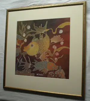 Wiji Hartono Kabul - Batik op zijde , Vissen – Ingelijst, 72 x 71 cm kopen? Bied vanaf 150!
