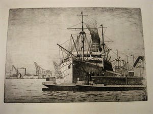 Niet of onleesbaar gesigneerd - GROTE gesigneerde Ets "Rotterdam stoomschip in parkhaven" kopen? Bied vanaf 1!