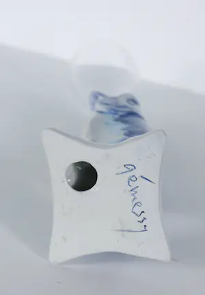 Marijke Gémessy - Haringglas 'Vis moet zwemmen' - 6 x Multiple van glas+keramiek in houten kistje kopen? Bied vanaf 250!