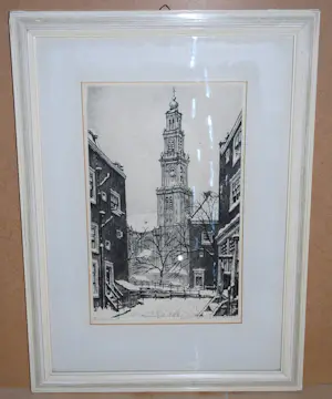 Cornelis Brandenburg - De Westerkerk in winters Amsterdam - heldere ets kopen? Bied vanaf 65!