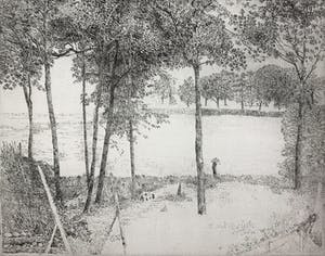 Charles Donker - ets - 'Landschap met twee stokken, Rhijnauwen' - PROEFDRUK IIe staat - 1970 kopen? Bied vanaf 480!