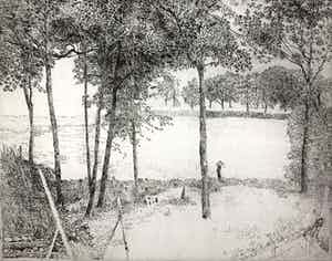 Charles Donker - ets - 'Landschap met twee stokken, Rhijnauwen' - PROEFDRUK IIe staat - 1970 verkocht voor € 480!