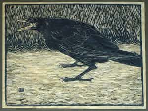 Jan Mankes - Ingelijste houtsnede , ‘Schreeuwende kraai’ – handgesigneerd - 1918 verkocht voor € 1!