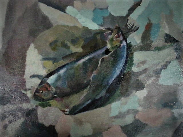 Niet of onleesbaar gesigneerd - Mooi expressionistisch olieverf "stilleven met makreel" gesigneerd kopen? Bied vanaf 1!