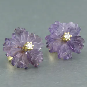 18k geel gouden oorknoppen met amethist en diamant 0.08 ct - F/G - VS/SI kopen? Bied vanaf 175!