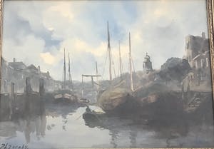 Adriaan Terhell - 2 x stadsgezicht met boten vanaf de waterkant. kopen? Bied vanaf 1!