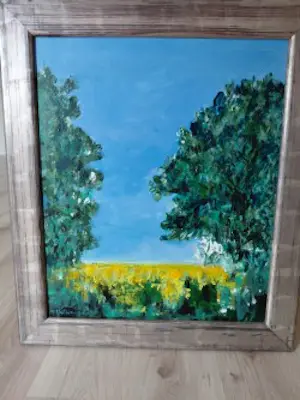 Maya Wildevuur - Landschap met (gele) bloemen en bomen op een blauwe achtergrond kopen? Bied vanaf 300!