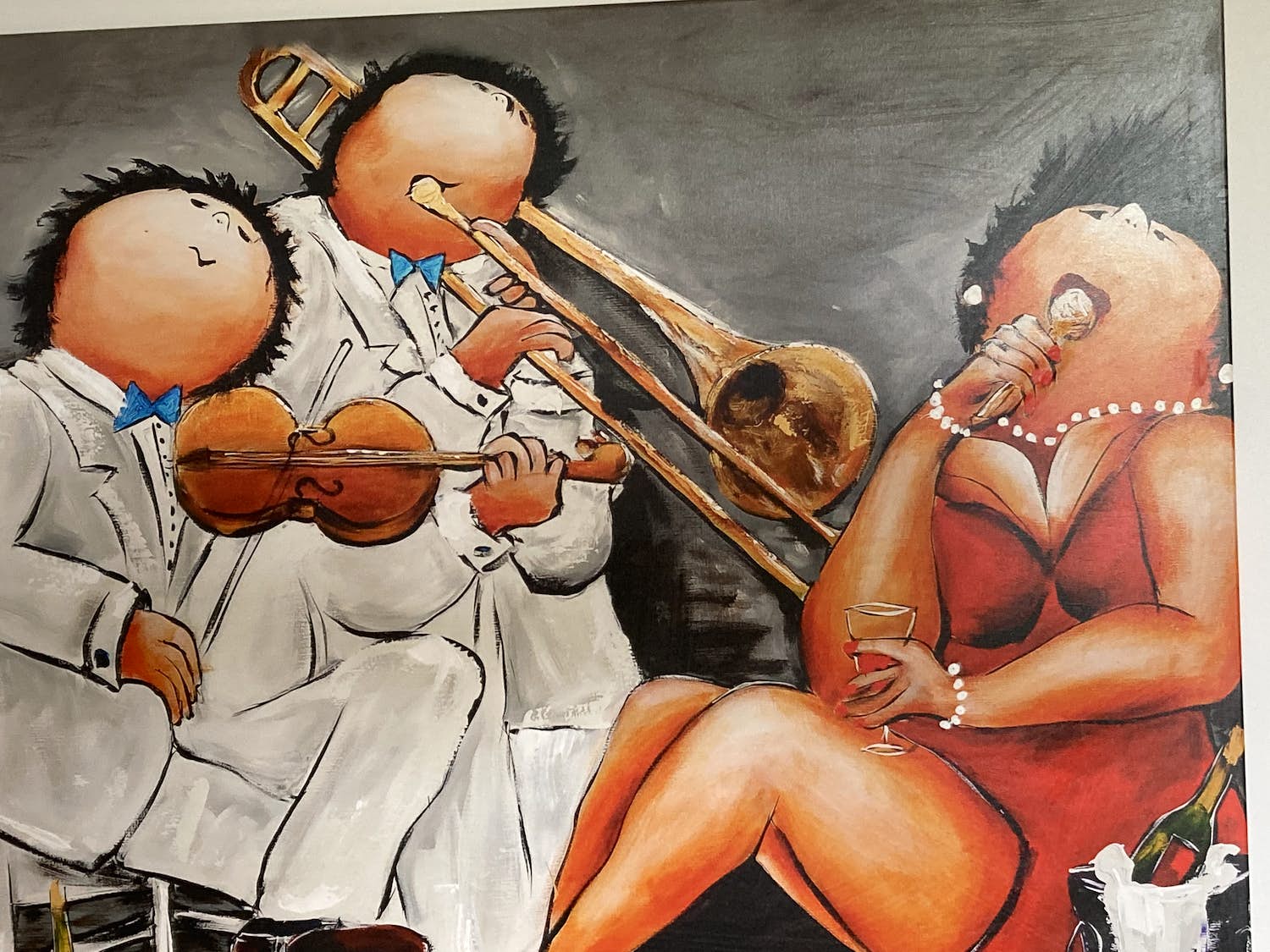 Theo Broeren - Glicée met acryl op doek ‘Muziek spelen’(ZEER GROOT) verkocht voor € 125!