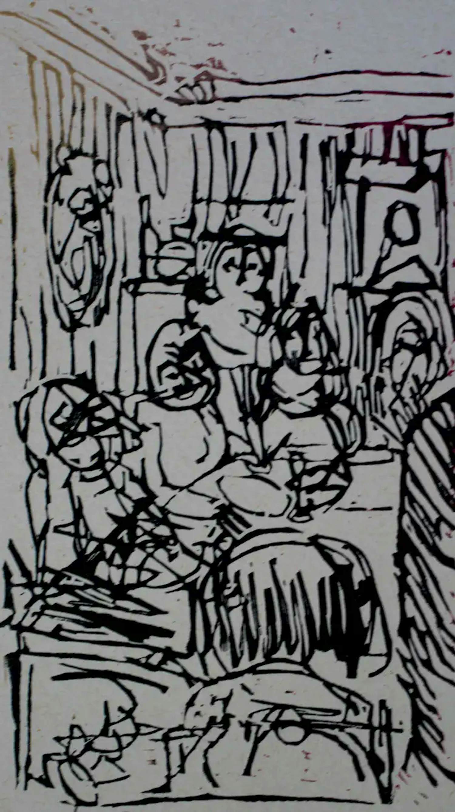 Toon Jansen - Houtsnede: Mensen in interieur - 1965 kopen? Bied vanaf 45!