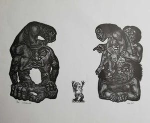 Lou Strik - "TOESCHOUWERS" / ZW-W LINOSNEDE / 39x54cm / SIG kopen? Bied vanaf 43!