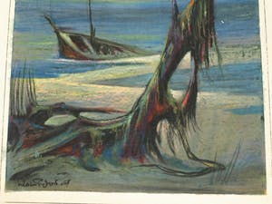 Klaas Pijlman - Oliepastelkrijt op papier , “Gezonken op het strand” – gesigneerd – 1967 kopen? Bied vanaf 10!