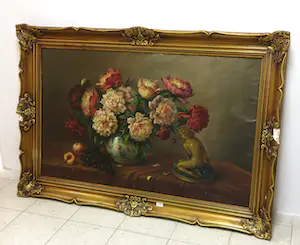 Niet of onleesbaar gesigneerd - Olieverf op doek, Bloemstilleven met beeld - Ingelijst (Zeer Groot) kopen? Bied vanaf 1!