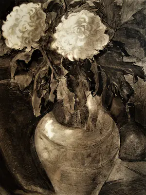 Harrie Kuyten - Bijzonder groot omstreeks 1930 Houtskool op papier "Stilleven witte Anjers" kopen? Bied vanaf 76!