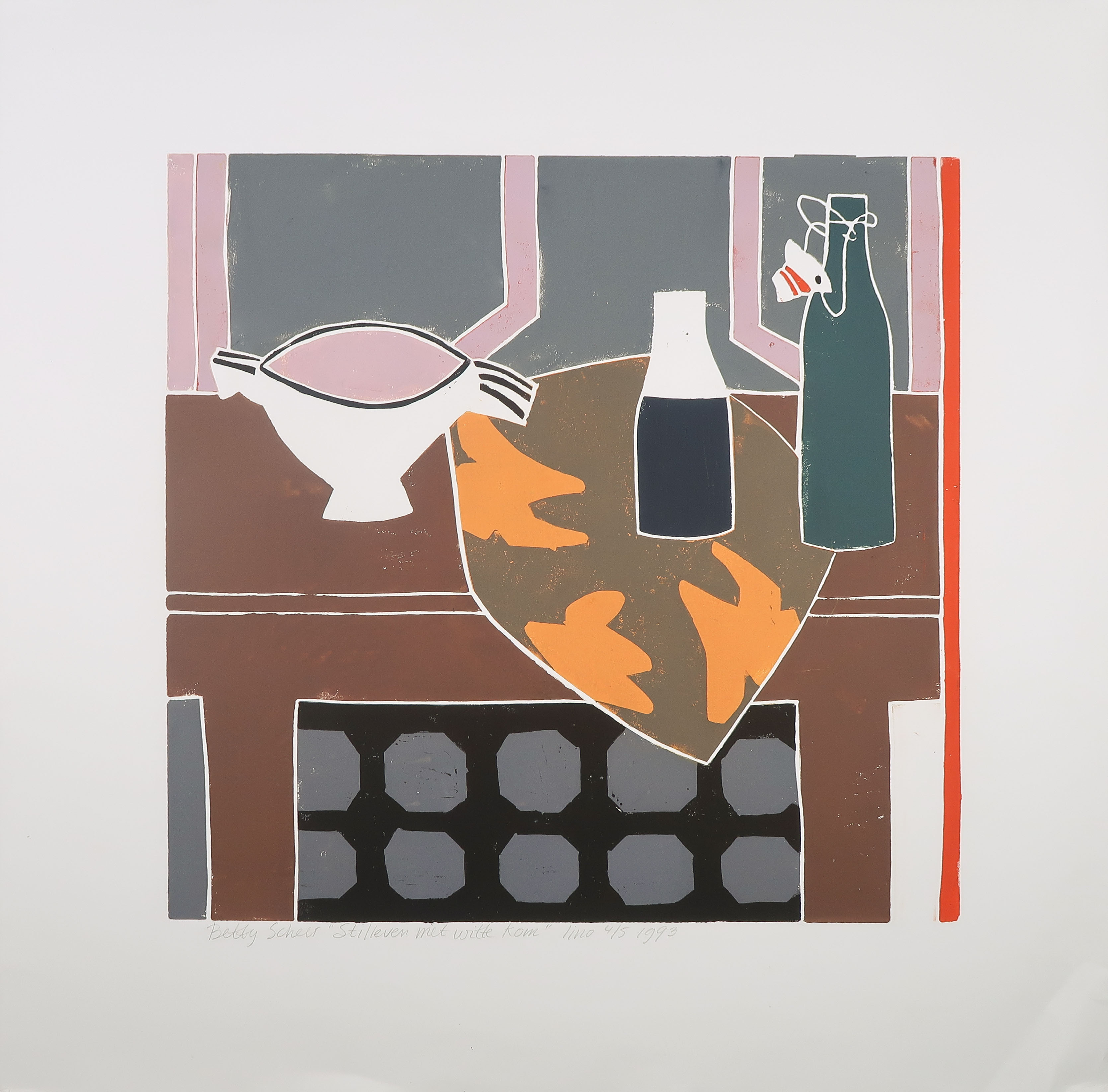 Betty Scheer - Linosnede, Stilleven met witte kom kopen? Bied vanaf 1!