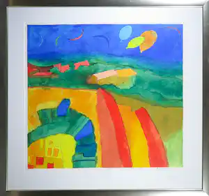 Susan Schildkamp - Zeefdruk, Kleurrijk landschap met huizen - Ingelijst (Groot) verkauft für € 50!