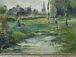 Niet of onleesbaar gesigneerd - Olieverf op paneel , Landschap met vrouw – ingelijst - oud kopen? Bied vanaf 1!