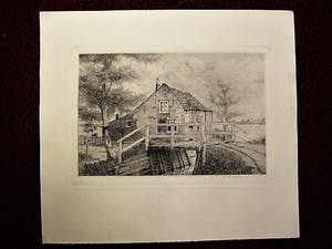 Jan Willem Lindeman - Knappe zg. Droge naald Ets van Huisje in Polderlandschap gesigneerd kopen? Bied vanaf 1!