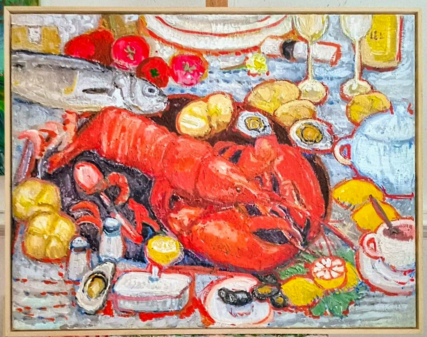 Tanja Koelemij - serie stillevens vis, krab, kreeft en mosselen verkocht voor € 220!