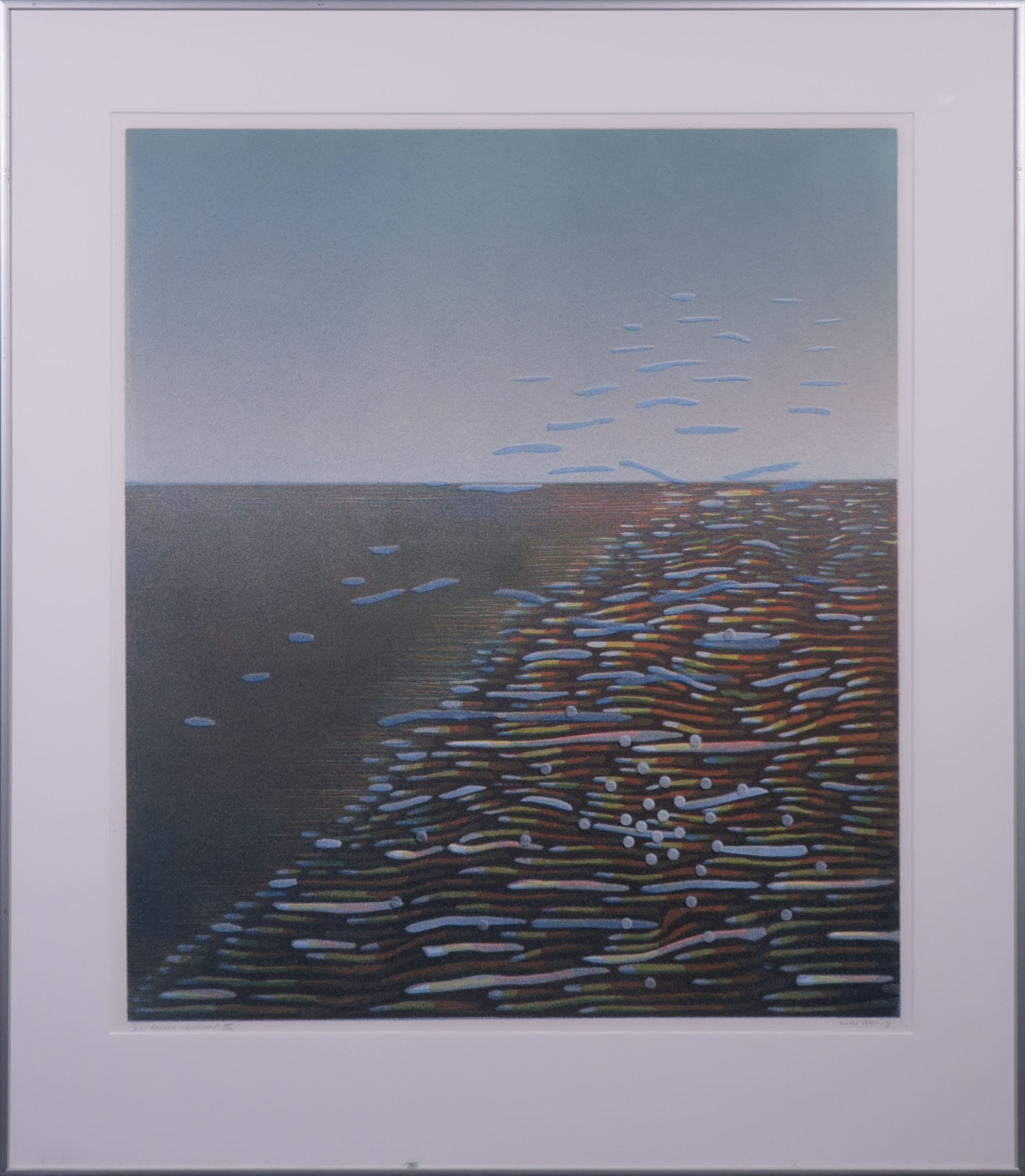 Willem de Vries - Houtsnede, Golven-landschap II - Ingelijst verkocht voor € 40!