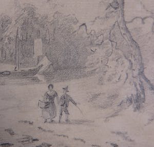 Niet of onleesbaar gesigneerd - Grafiet, Tekening van een landschap met figuren en een boom kopen? Bied vanaf 1!