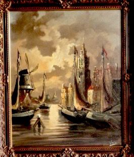 Niet of onleesbaar gesigneerd - Haarlem, Spaarne haven bij maanlicht - Gesigneerd:Vos (wie?) - Prachtige lijst! kopen? Bied vanaf 1!