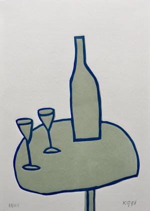 Klaas Gubbels - linosnede ‘Tafel met fles en glazen’ uit 1998 - oplage 125. kopen? Bied vanaf 195!